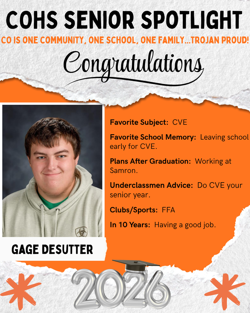 senior spotlight flier with grey orange black and white background with a male with brown hair wearing a beige hoodie