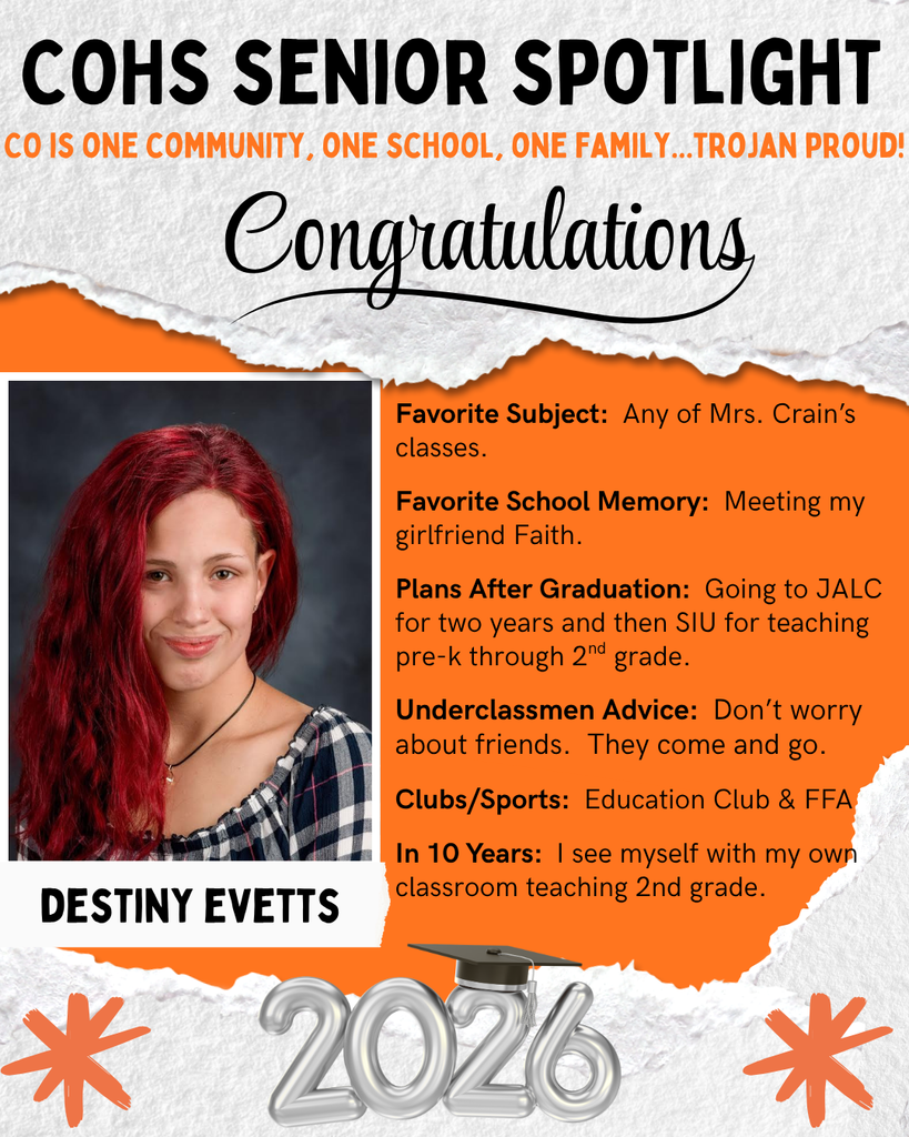 senior spotlight flier with grey orange black and white background with a female with long maroon hair wearing a black and white checked shirt