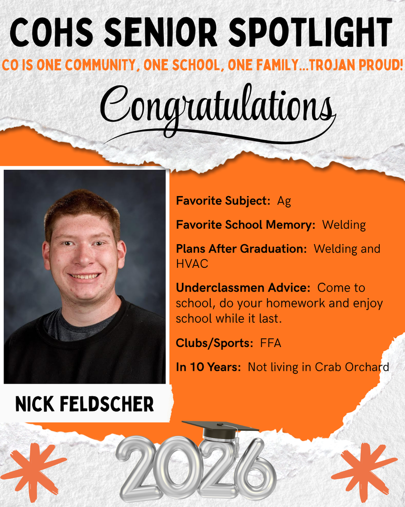 senior spotlight flier with grey orange black and white background with a male with brown/red hair wearing a black sweatshirt