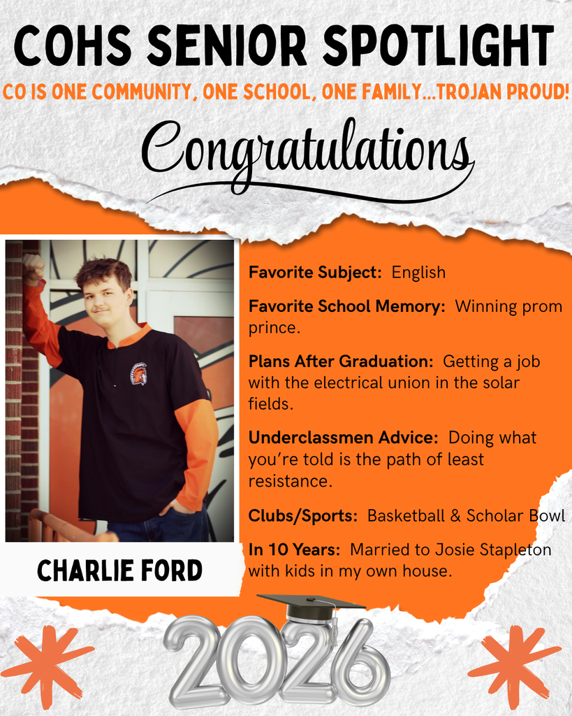 senior spotlight flier with grey orange black and white background with a male with brown hair leaning up against a brick wall