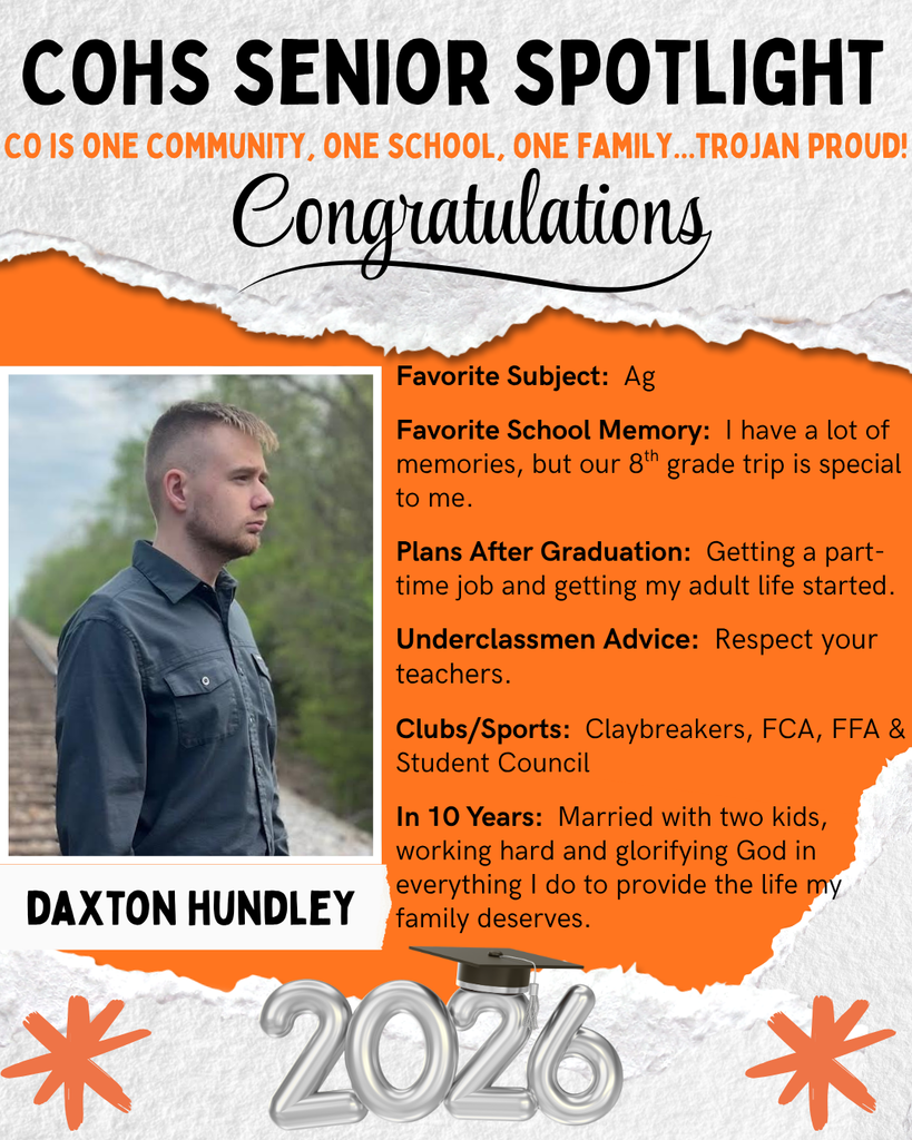senior spotlight flier with grey orange black and white background with a male with light brown hair sitting wearing a long sleeve dark blue shirt standing on railroad tracks