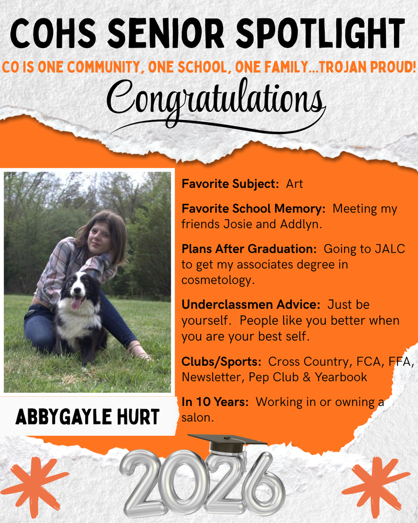 senior spotlight flier with grey orange black and white background with a female with brown hair squatting in grass with a black and white dog