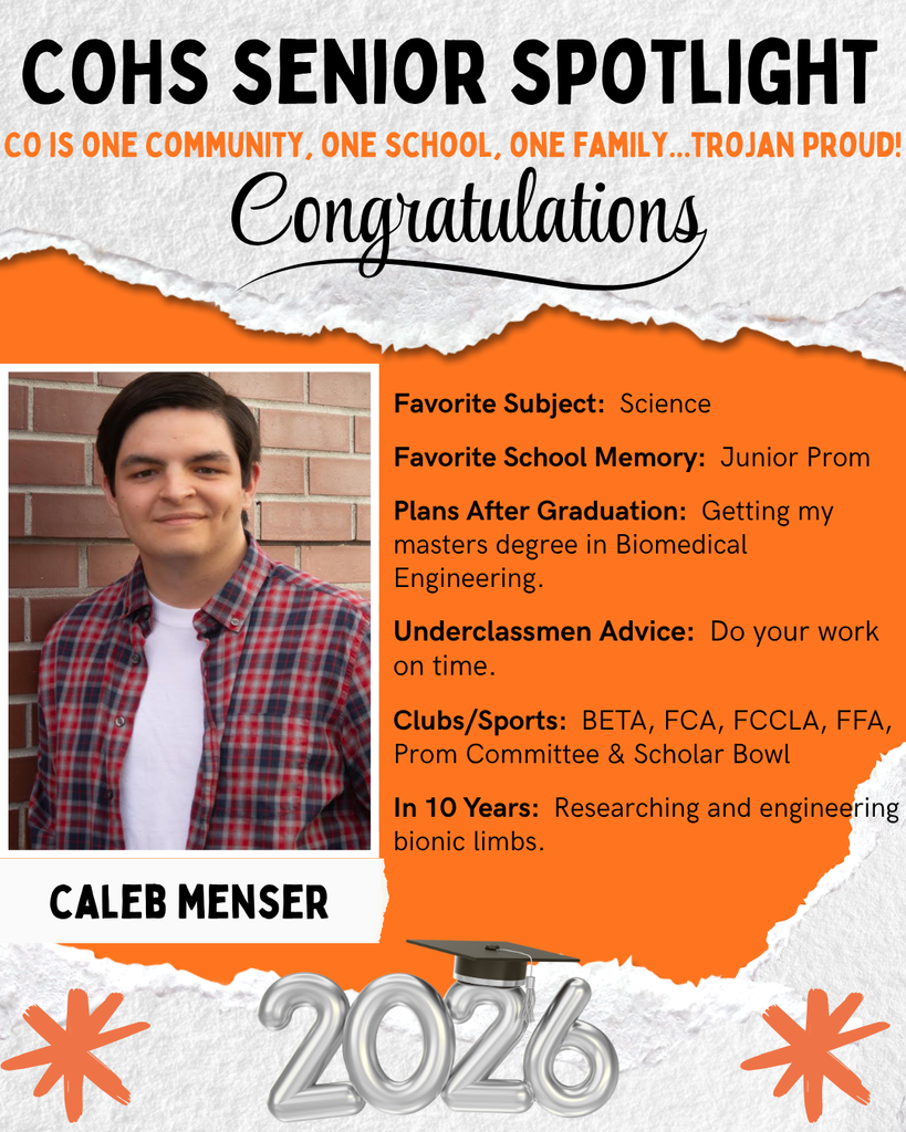 senior spotlight flier with grey orange black and white background with a male with dark hair wearing a red/black plaid and white shirt leaned against a brick wall