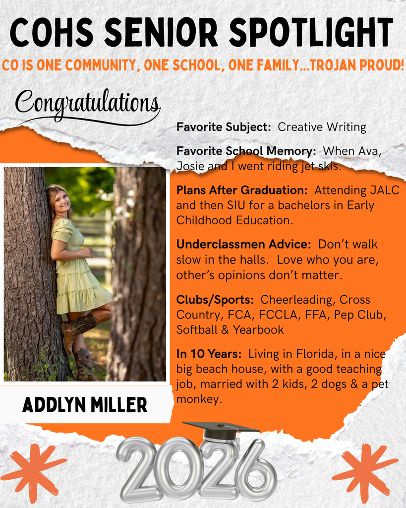 senior spotlight flier with grey orange black and white background with a female with long light brown hair in a yellow short dress with boots leaned up again a tree