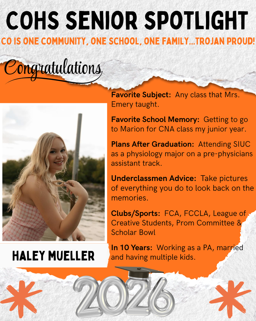 senior spotlight flier with grey orange black and white background with a female with long blonde hair on a dock with a pink and white plaid dress