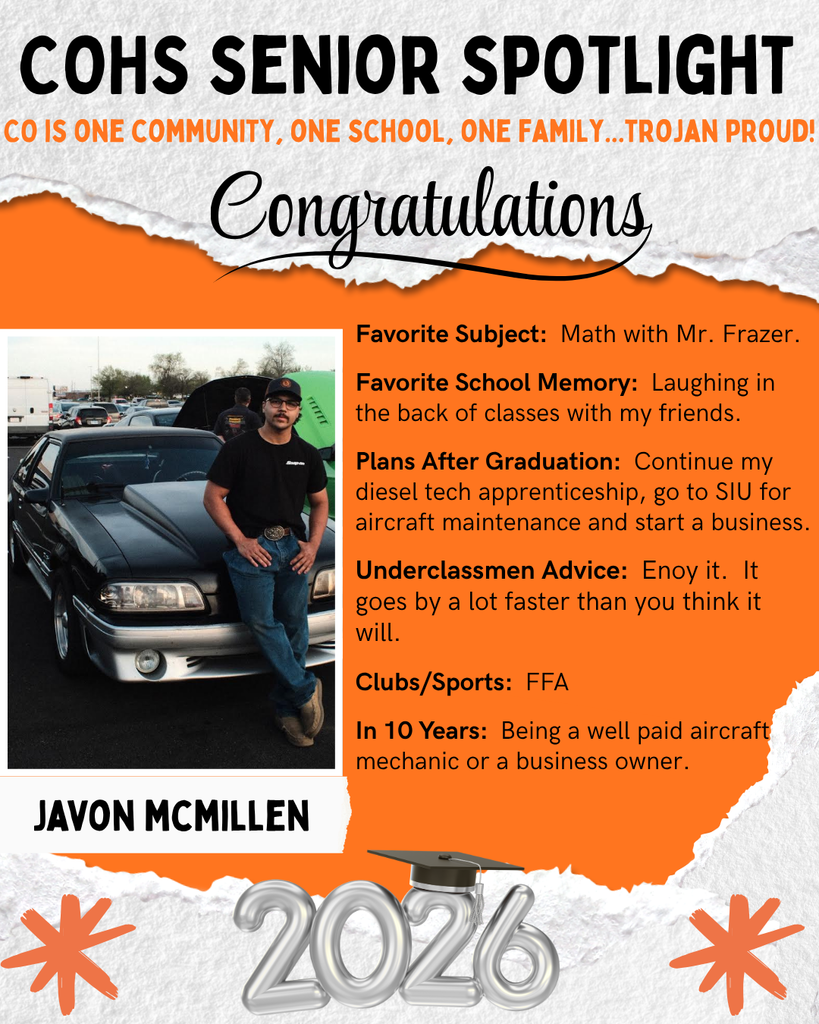 senior spotlight flier with grey orange black and white background with a male with dark brown hair wearing a black shirt and a black hat sitting on the roof of a black car