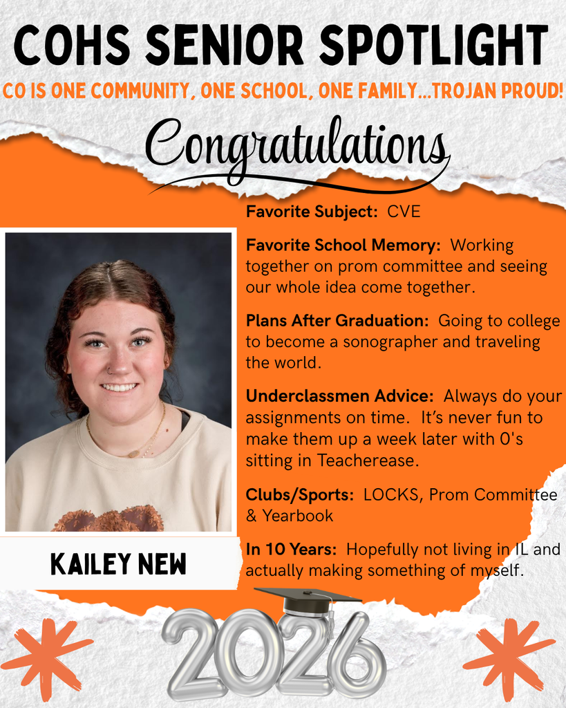 senior spotlight flier with grey orange black and white background with a female with long dark hair pulled back wearing a cream sweatshirt