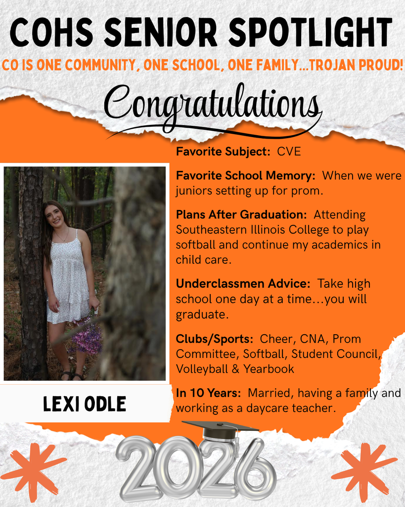 senior spotlight flier with grey orange black and white background with a female with long dark hair wearing a white dress leaned up against a tall tree