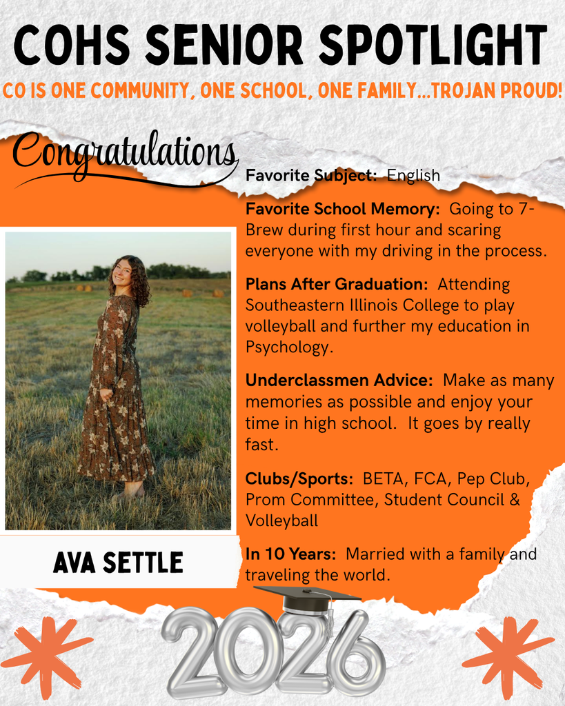 senior spotlight flier with grey orange black and white background with a female with long dark curly hair wearing a long brown dress standing in a field