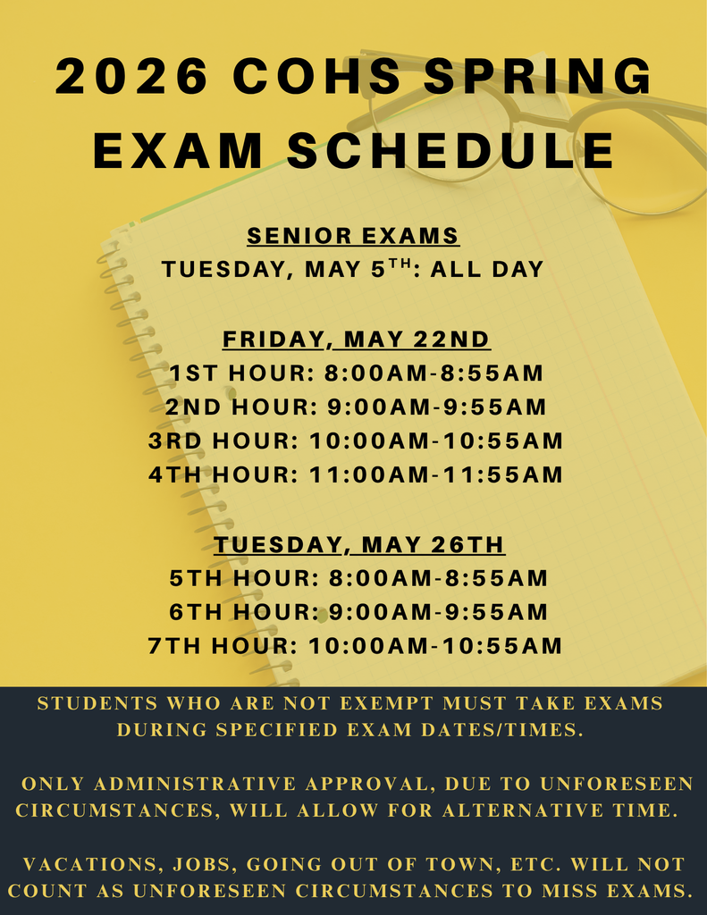 2026 spring exam schedule in yellow and black
