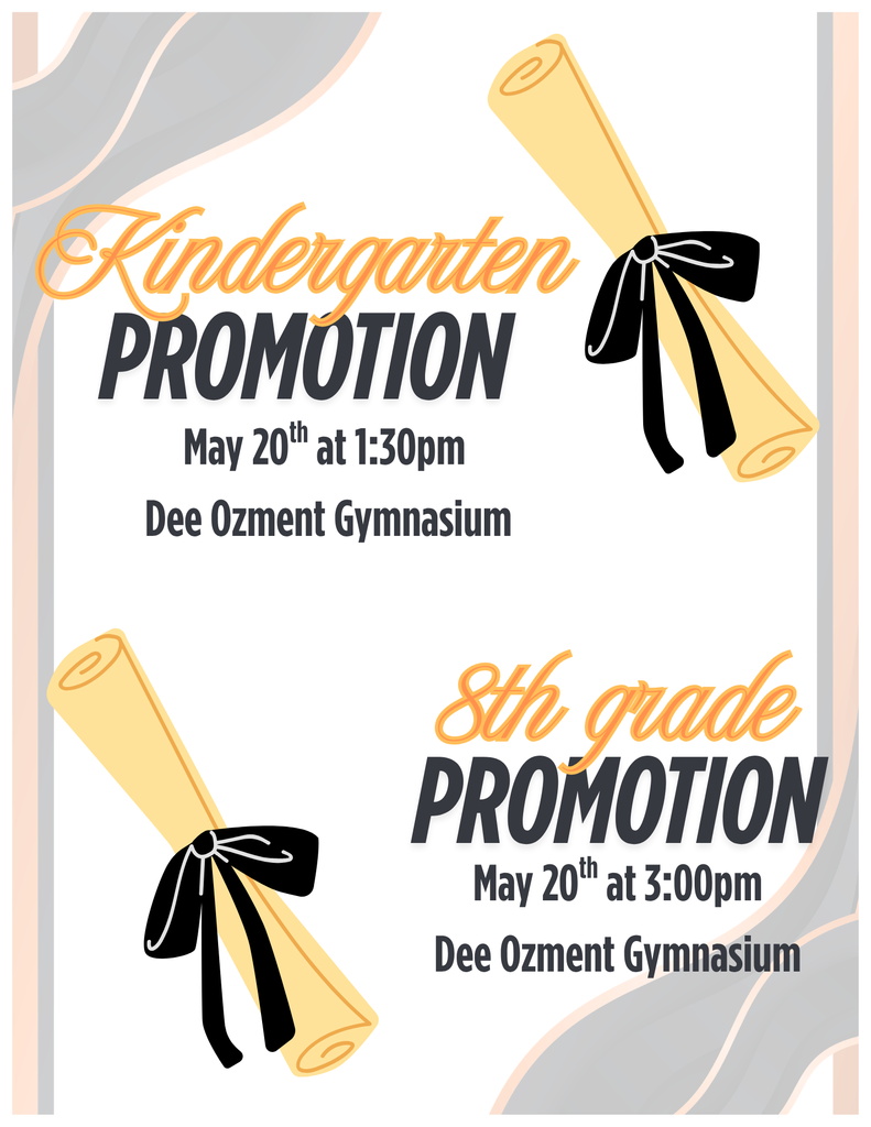 kindergarten and 8th grade promotion flier in white, orange and black