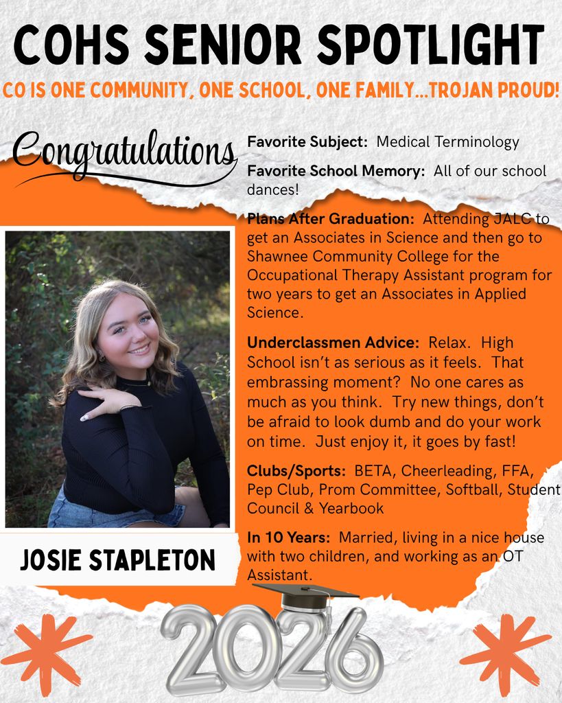 senior spotlight flier with grey orange black and white background with a female with long blonde hair wearing a black sweater