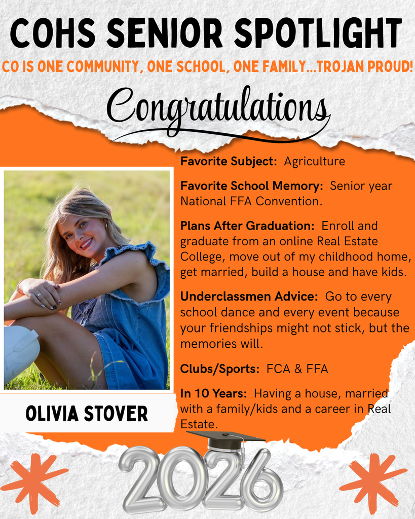 senior spotlight flier with grey orange black and white background with a female with long blonde hair wearing a jean dress and white boots sitting on grass