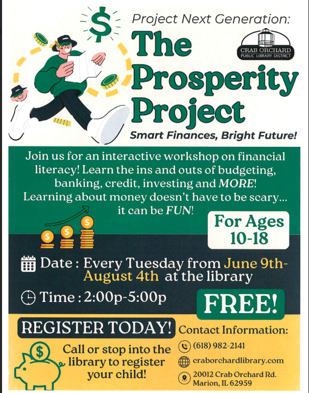 financial literacy flier in white, green and yellow at the public library
