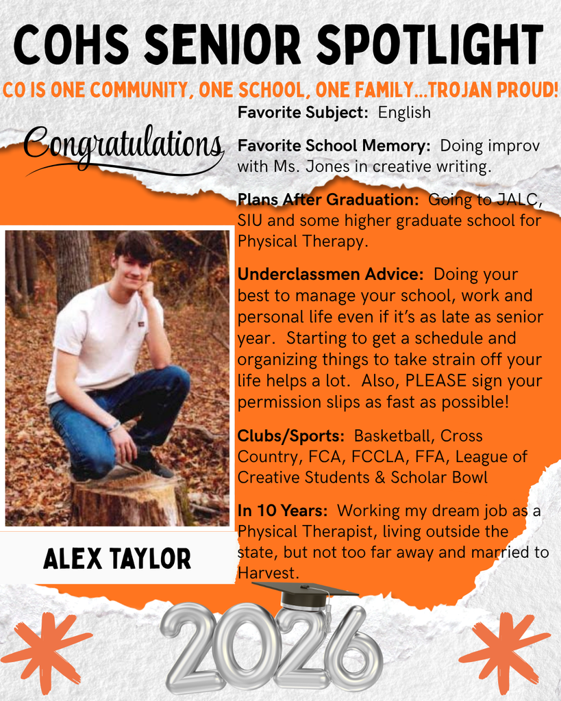 senior spotlight flier with grey orange black and white background with a male with brown hair crouching on a log wearing a white shirt and blue jean shirt