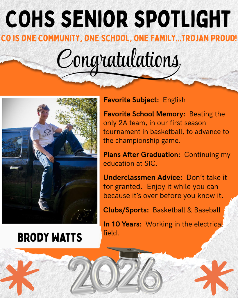 senior spotlight flier with grey orange black and white background with a male with brown hair sitting on a truck bead wearing a white shirt and blue jeans