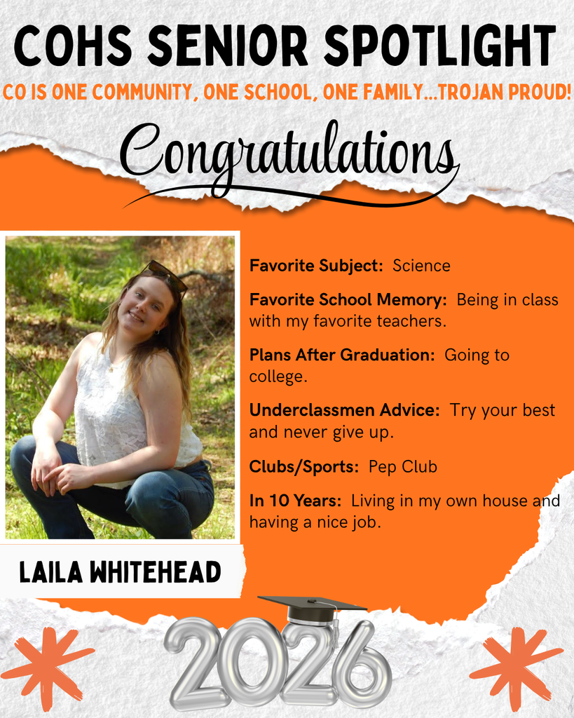 senior spotlight flier with grey orange black and white background with a female with long light brown hair wearing a white tank top and jeans squatted down