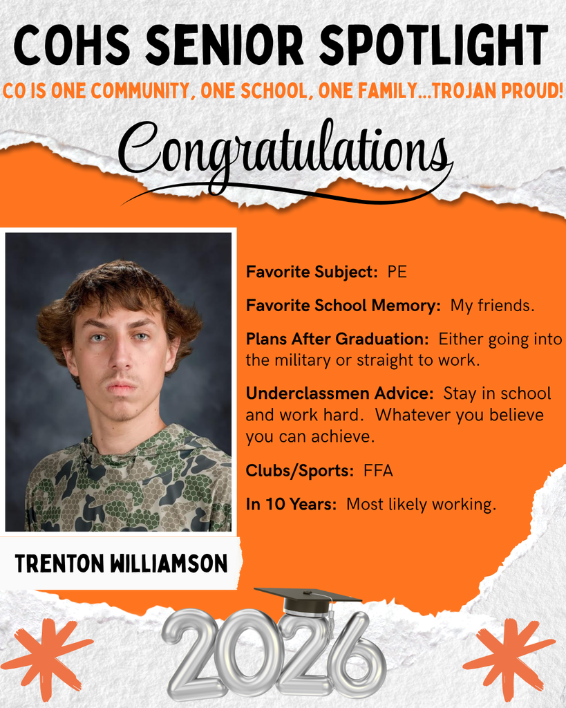 senior spotlight flier with grey orange black and white background with a male with brown hair wearing a camo long sleeve shirt