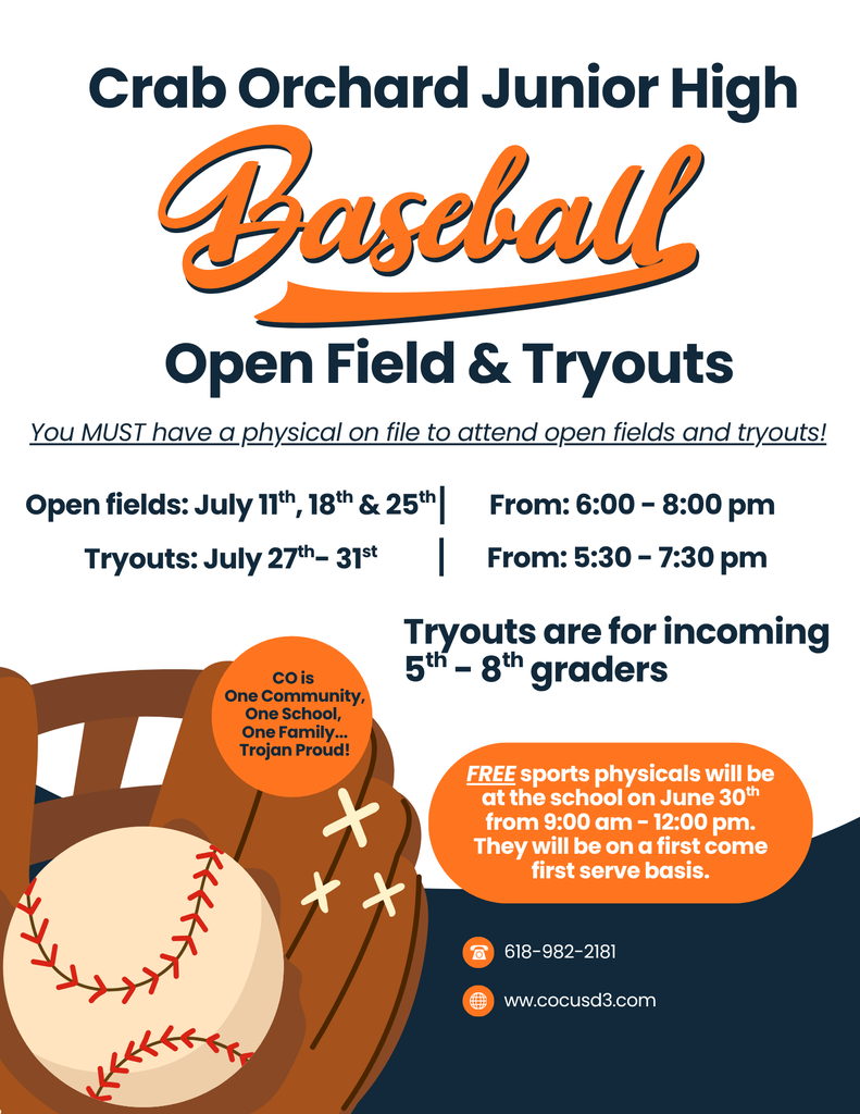 junior high baseball open field and tryout information written in black, white and orange with a baseball glove and ball in the bottom corner