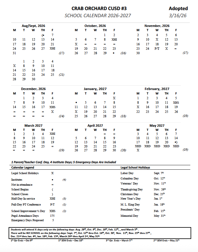 2026-2027 school calendar