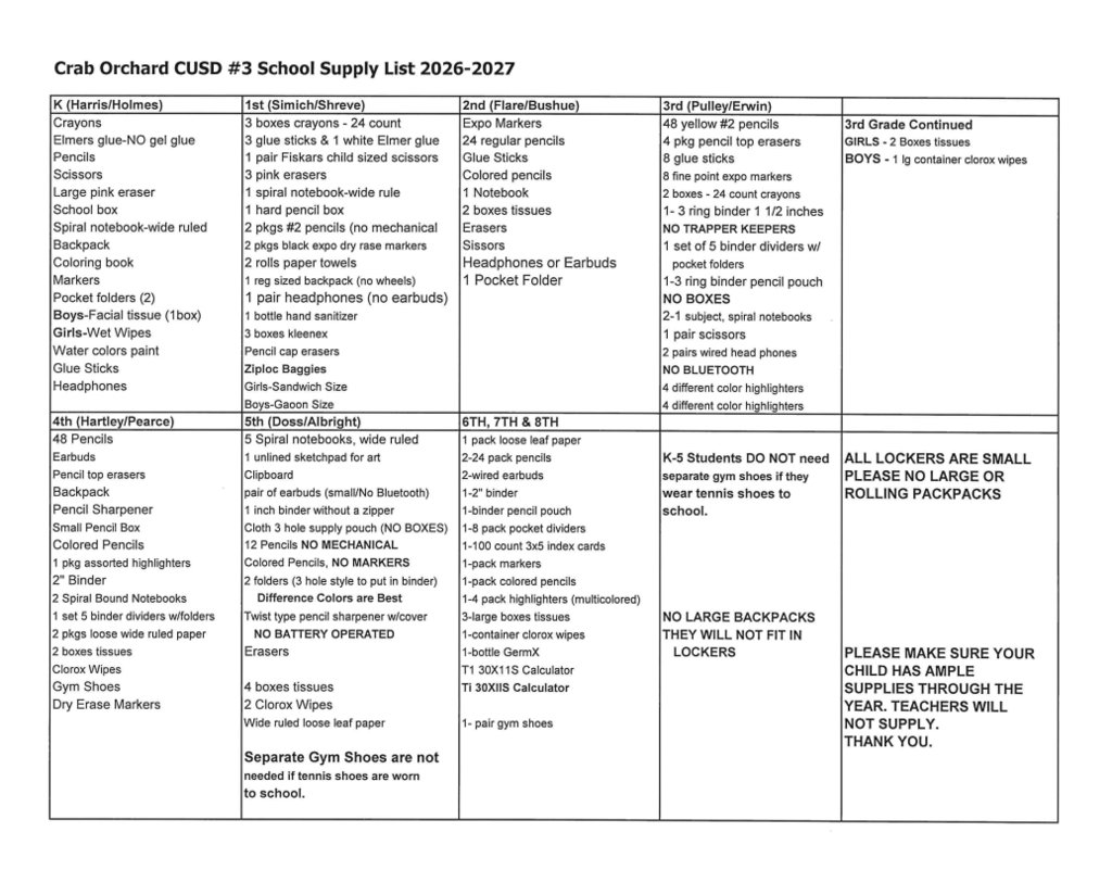 2026-2027 school supply list