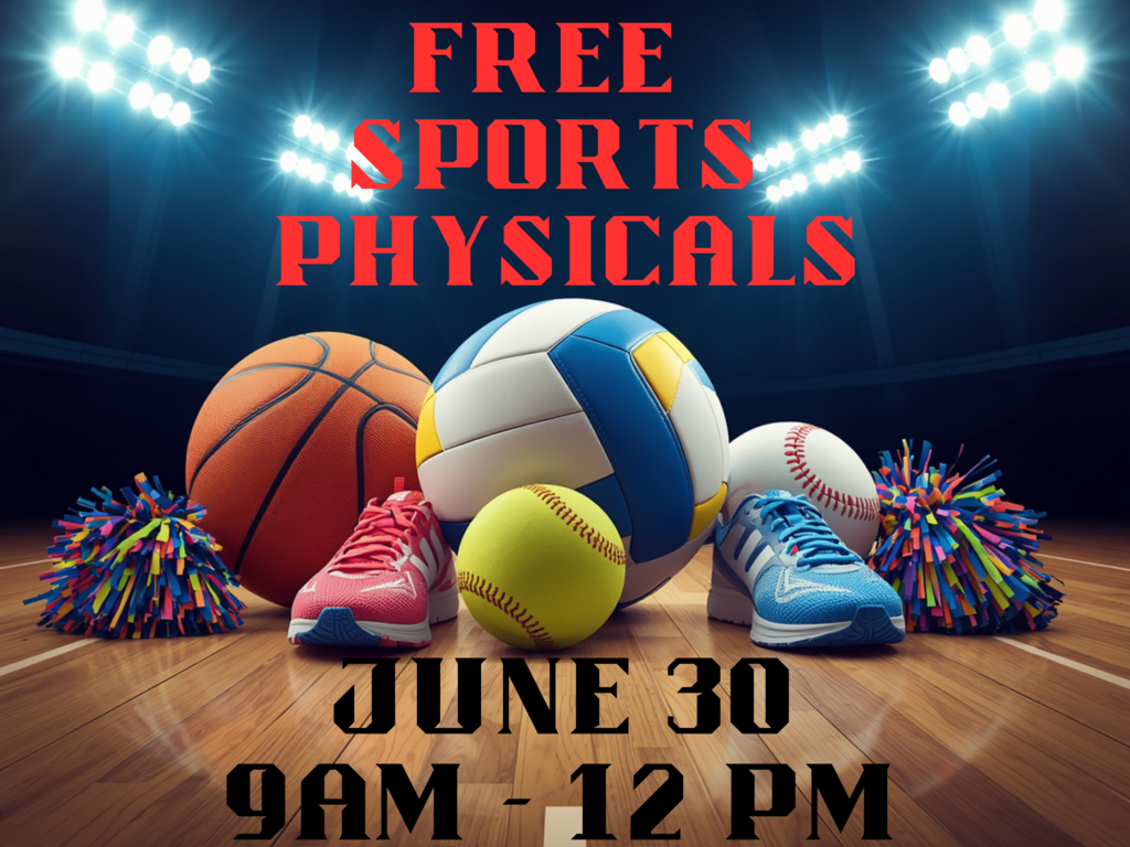 free sports physical poster with sports equipment and the date of June 30th on a gym floor