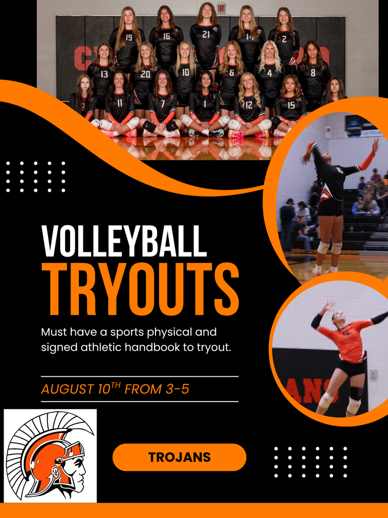 volleyball tryout information in black, orange and white with volleyball team pictures on the flier