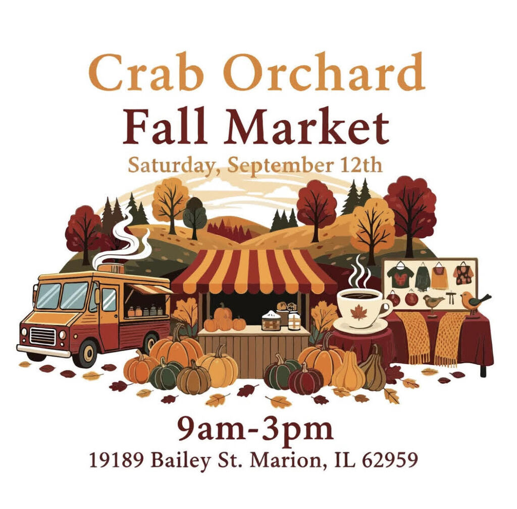 Crab Orchard Fall Market Flier in fall colors with pumpkins and fall leaves