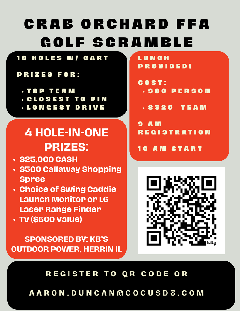 Golf Scramble informational flyer on gray background with orange & black text highlights