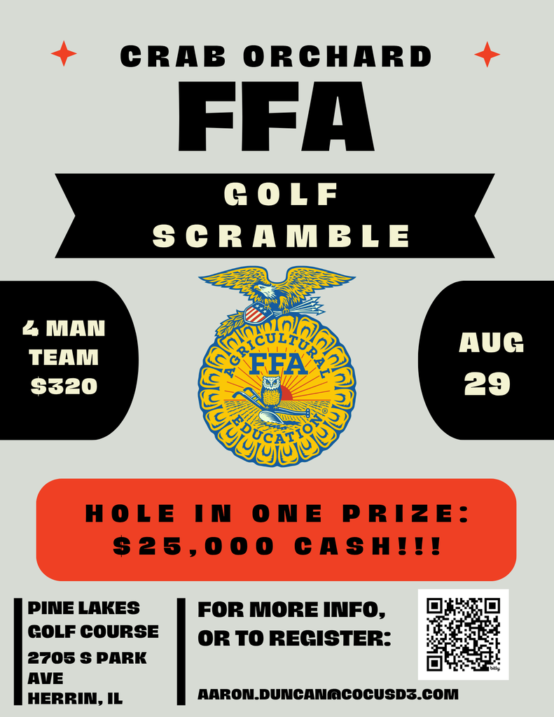 flyer for a golf scramble on gray background with orange & black highlights and official FFA emblem