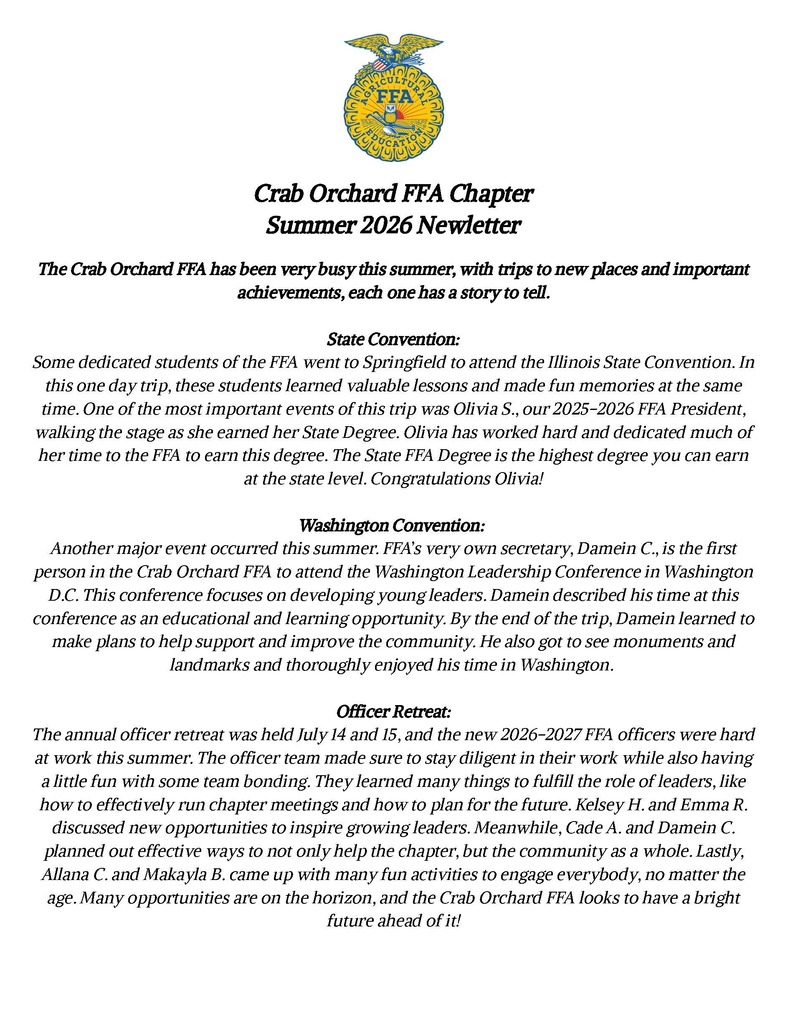 Newsletter explaining summer FFA events.