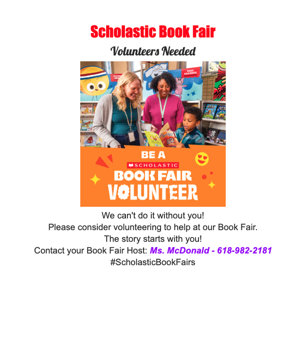 book fair volunteer flier with orange background and two adults and one student standing in a library