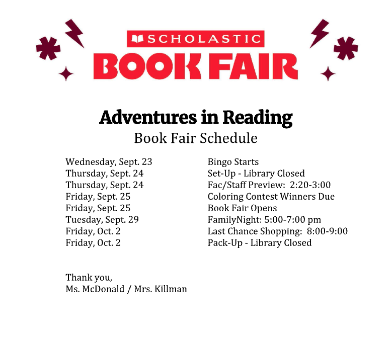 Book fair flier schedule with white background and black wording