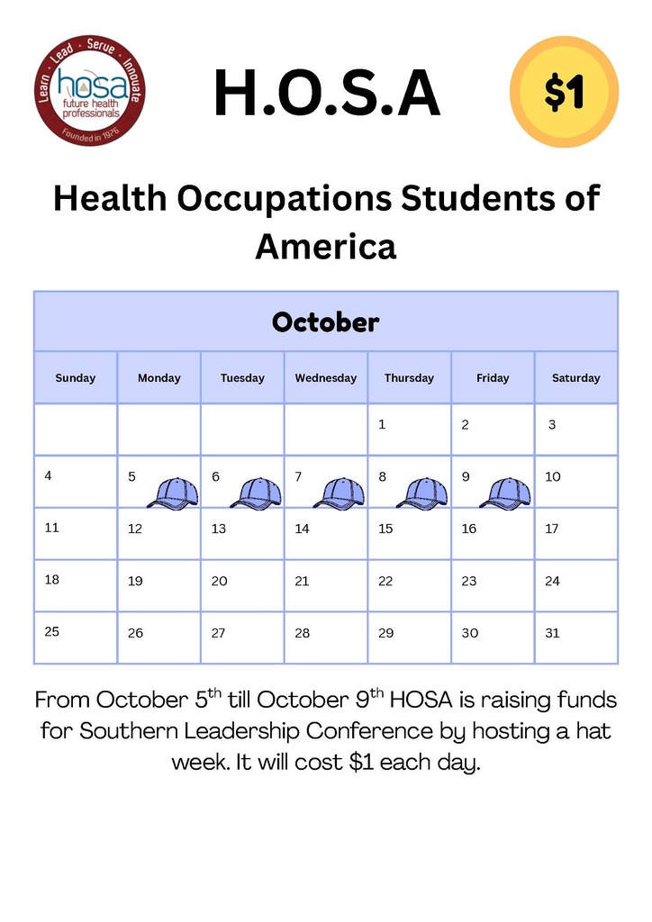 an October calendar with pictures of a cap on days 5 - 9 and written information about a hat day fundraiser