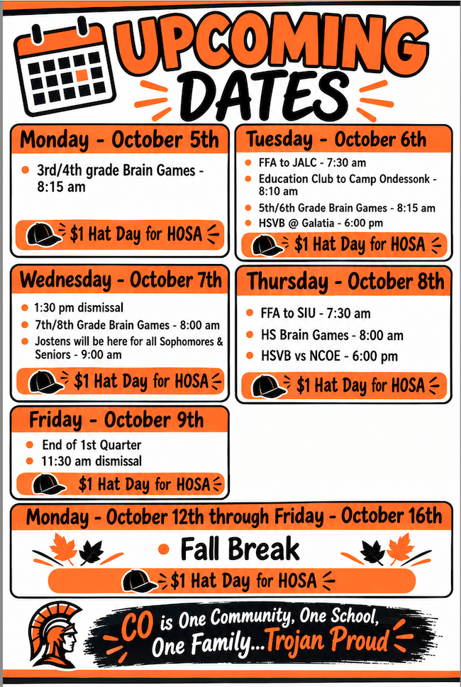 Flier of upcoming dates in orange, black and white