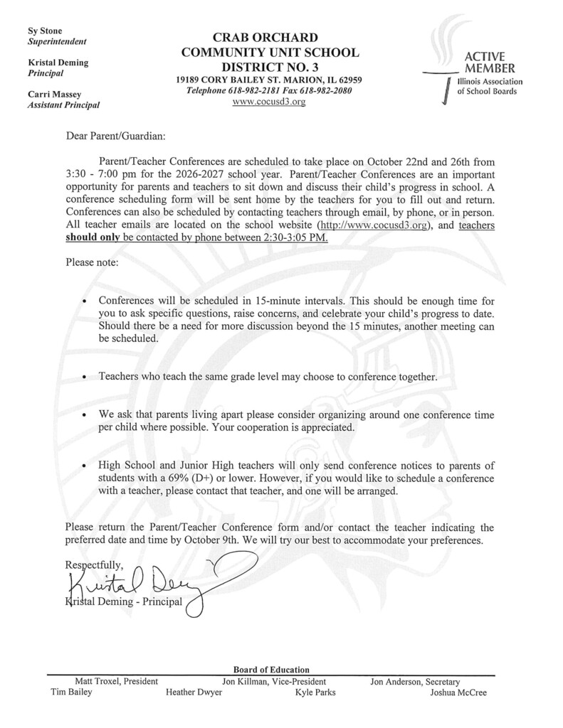 letter explaining the procedure for requesting a parent teacher conference