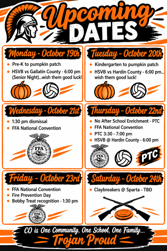 List of upcoming dates flier in black, white and orange