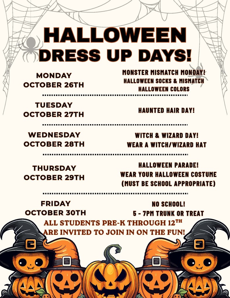 flyer showing Halloween Dress-up Days with spiderwebs and jack-o-lanterns