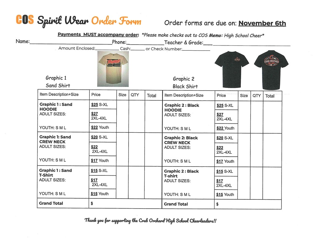 order form with pricing for t-shirts