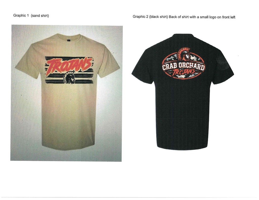 pictures of a white t-shirt and a black t-shirt with Trojans on them