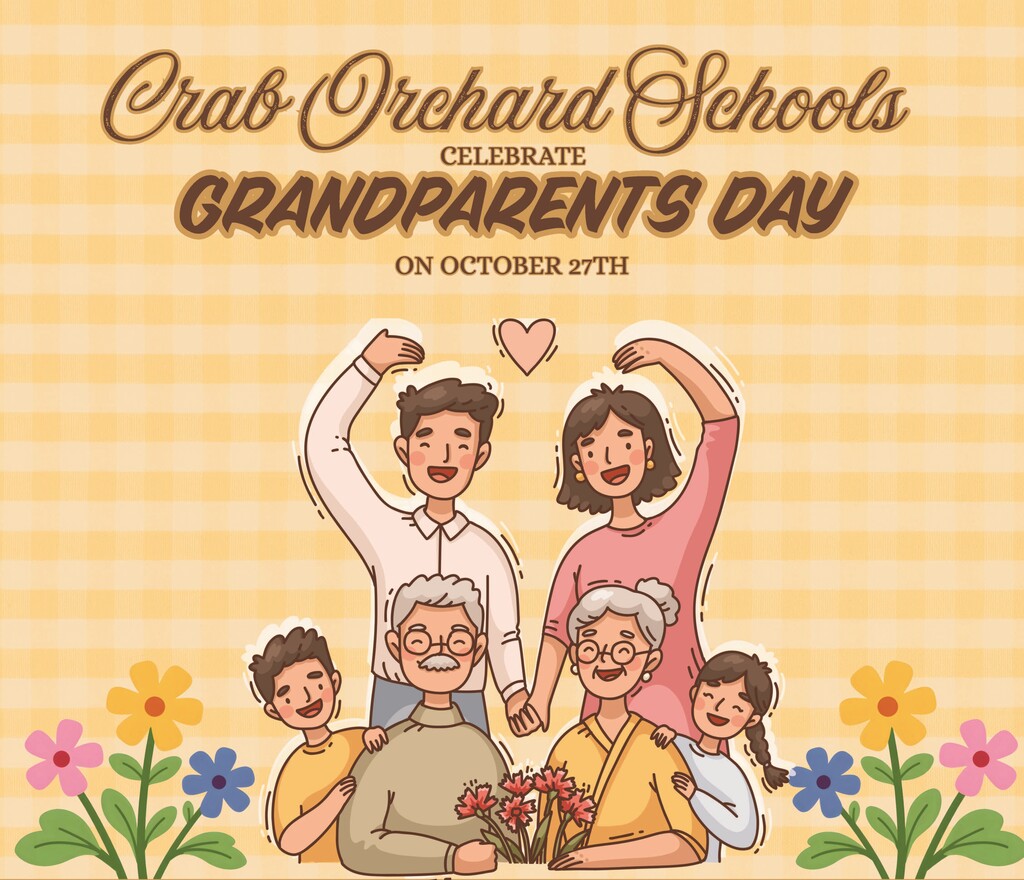 flyer with a picture of grandparents, parents, & children with flowers