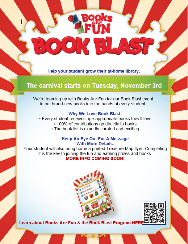 carnival theme flyer with information about a Books Are Fun Book Blast