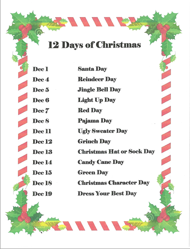 list of dates and themes surrounded by a border of holly and red&white candy stripes