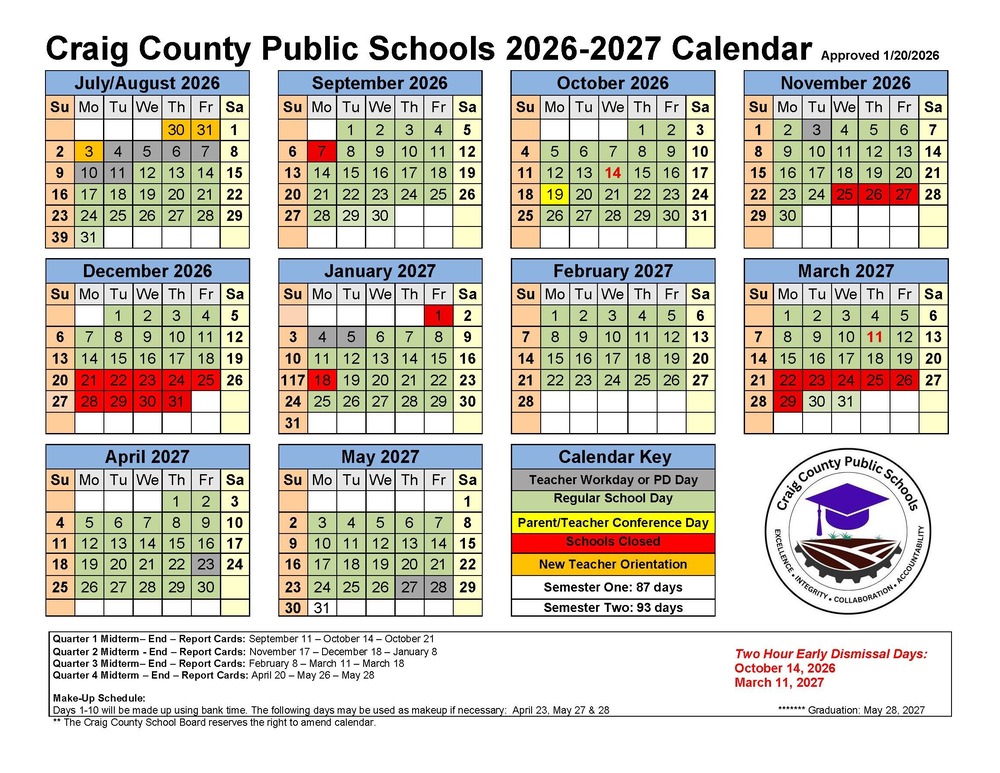 2026-2027 Craig County Public Schools Calendar