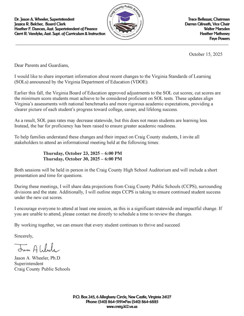 CCPS VDOE Cut Score Letter sent out to community