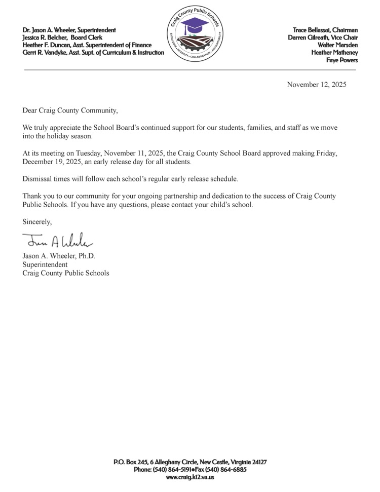 Early Dismissal letter