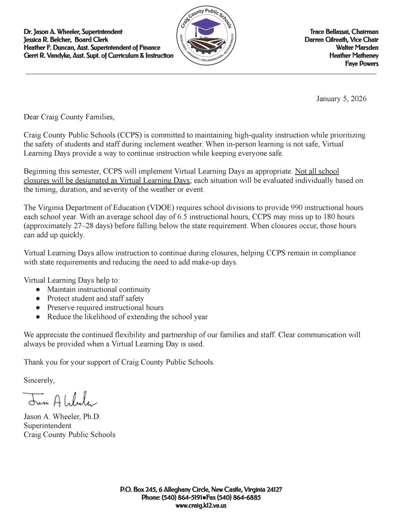  Virtual Learning Days letter