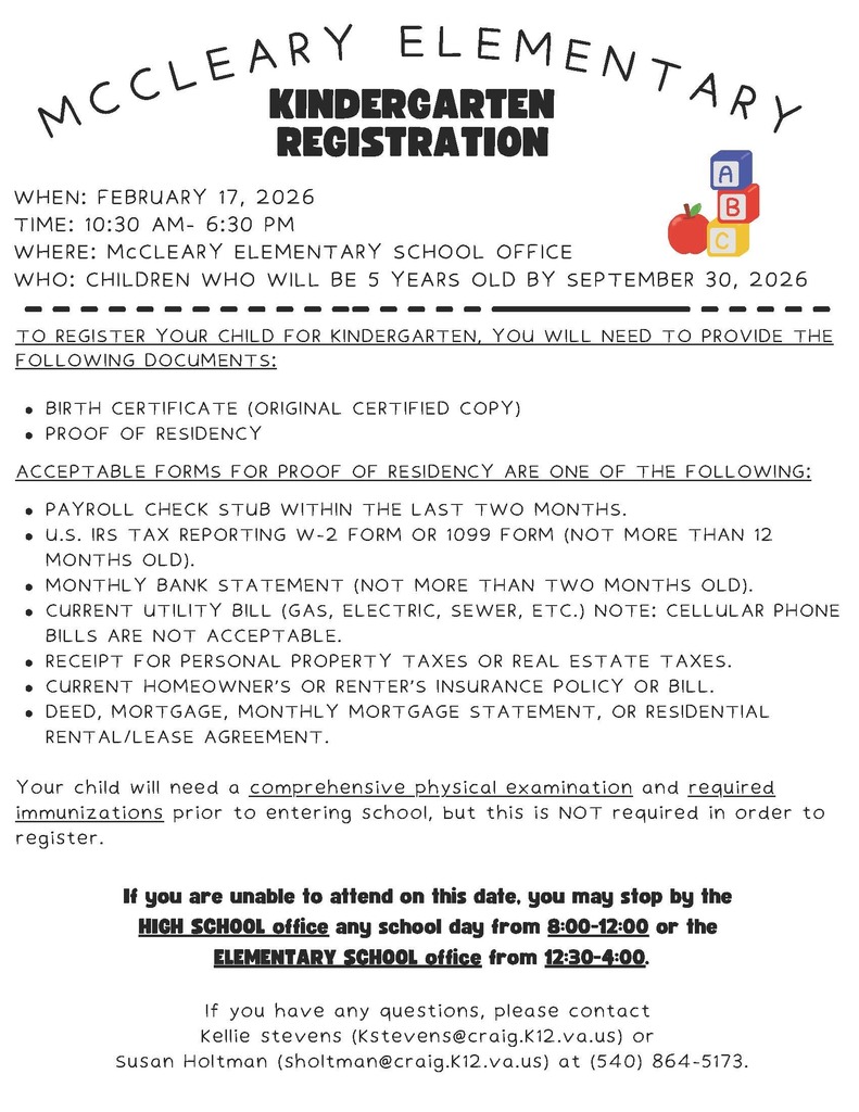 2026 Kindergarten Registration flyer
