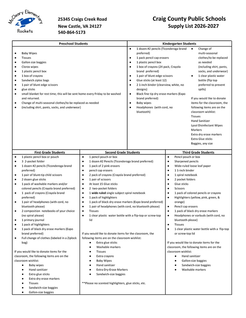 2026-2027 School Supply Lists