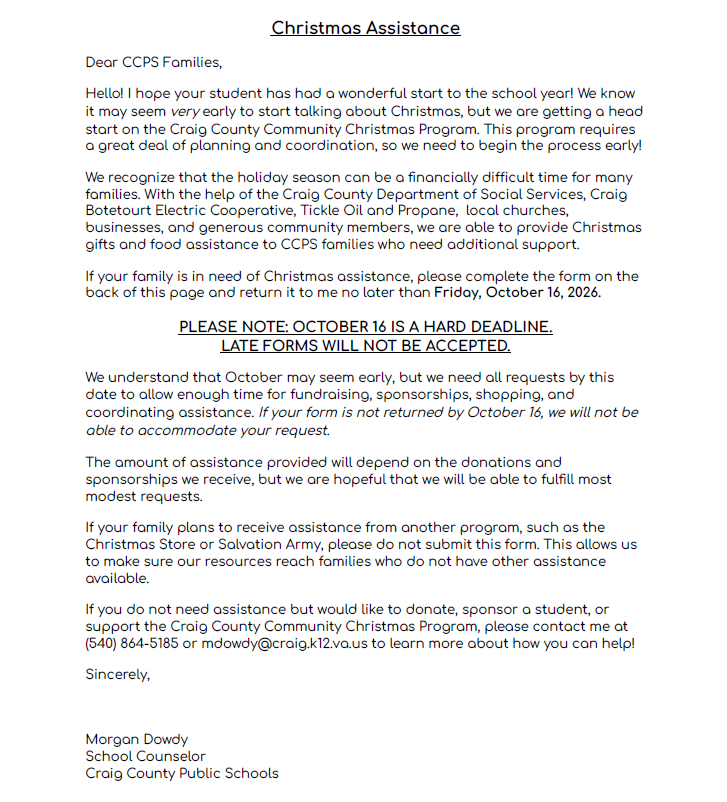 2026 Christmas Assistance Letter